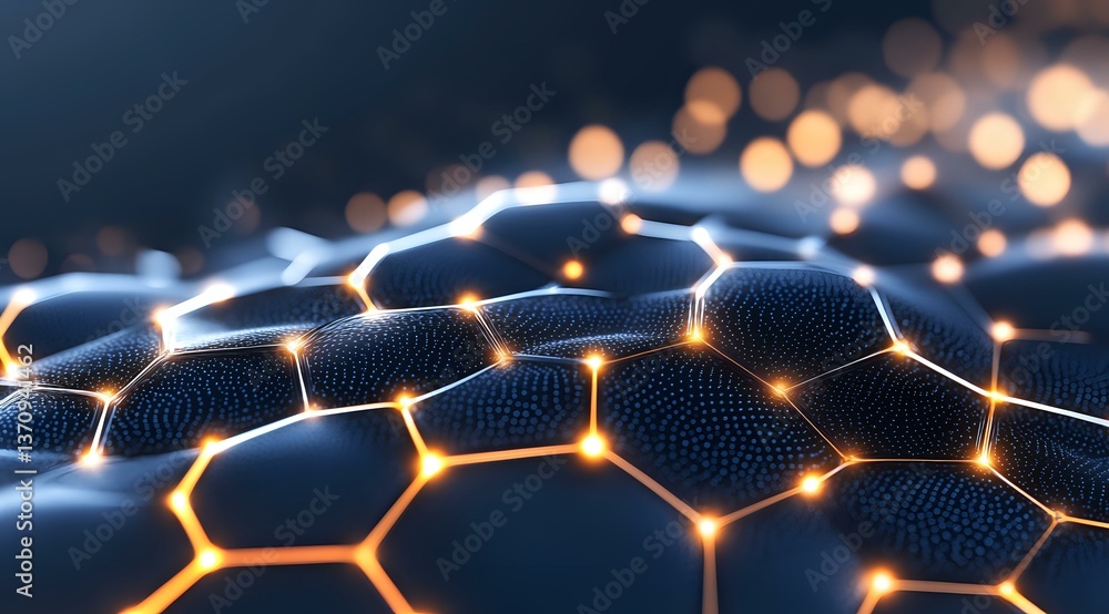 Poster glowing hexagonal network structure with orange light connections on dark background, illustrating t