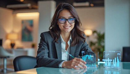 A portrait headshot photo of a friendly professional CEO executive business worker: A smiling businesswoman with glasses confidently gestures towards a holographic display of financial charts in