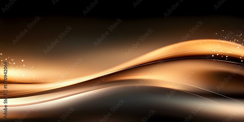 Poster elegant flowing waves in copper and bronze tones with sparkling light particles create dynamic movem