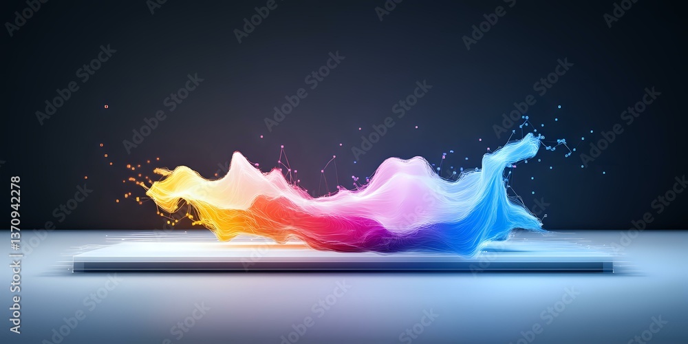 Poster colorful liquid splash wave in rainbow colors flowing horizontally across smartphone screen on dark 