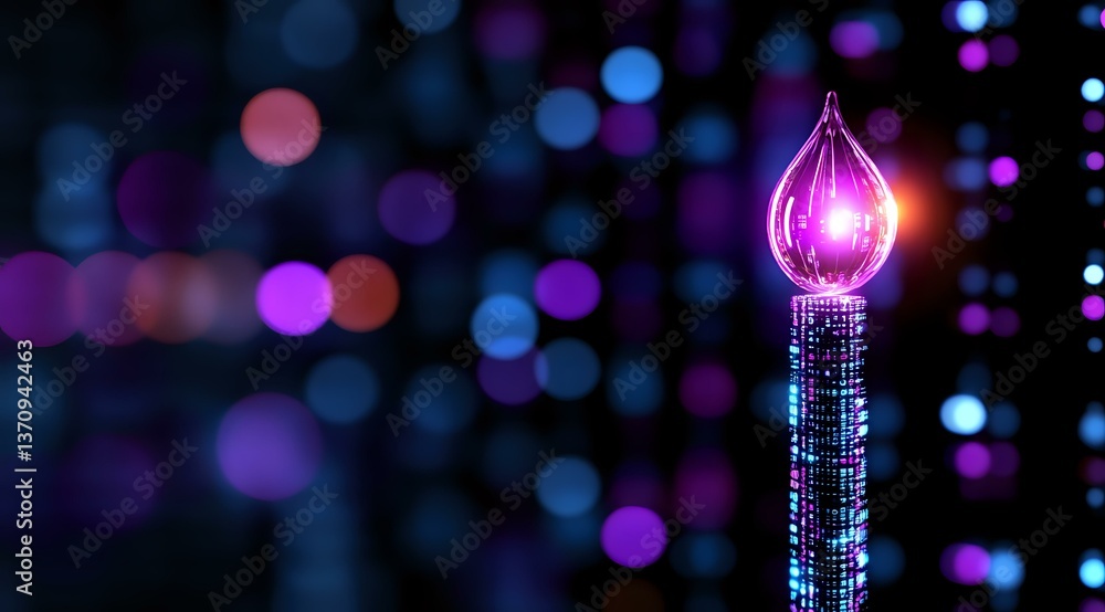 Poster glowing pink and blue fiber optic light against dark background with colorful bokeh circles creating