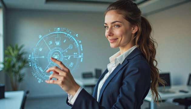 A portrait headshot photo of a friendly professional CEO executive business worker: A confident businesswoman in a dark suit interacts with a glowing, futuristic digital interface displaying data
