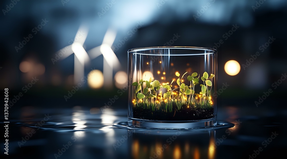 Aufkleber Glowing miniature garden in glass container with tiny sprouts and moss, illuminated by soft bokeh lights creating magical atmosphere at dusk.