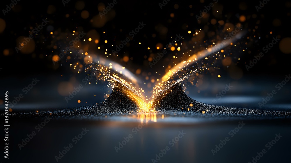 Poster magical glowing butterfly silhouette formed by golden light rays and sparkles on dark background wit
