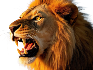 Close up of a lion roaring with its mouth open showing its teeth and golden fur in bright sunlight