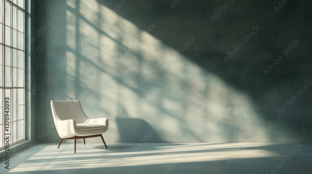 Poster a spacious corner in a minimalist house with a large, clear window and an empty chair, soft natural 