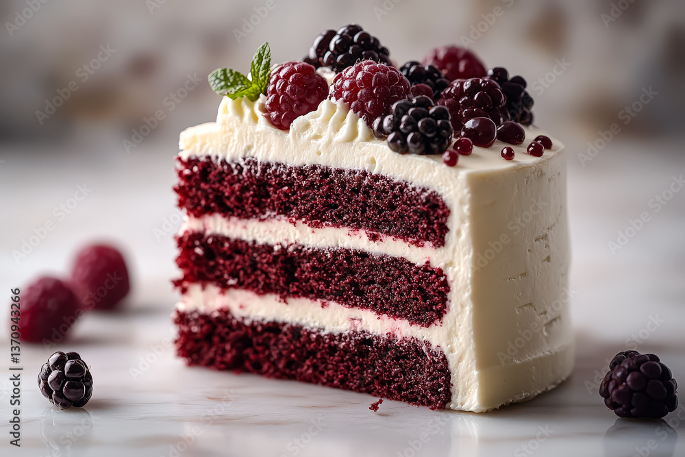 Poster slice of red velvet cake with raspberries on top. the cake is cut in half and has a white frosting. 