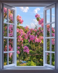 Serene view through open window framing vibrant pink rhododendron blossoms against a clear blue sky and lush green garden creating a tranquil and inviting atmosphere © DriftPixels