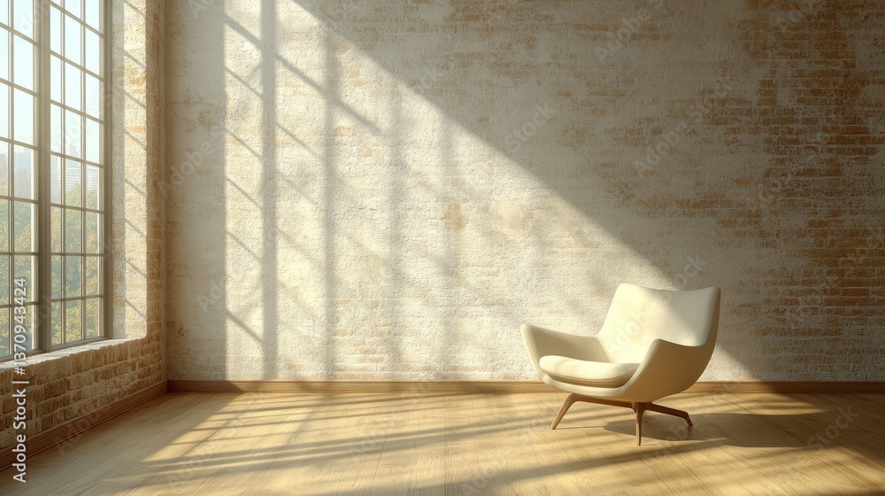 Poster a spacious corner in a minimalist house with a large, clear window and an empty chair, soft natural 