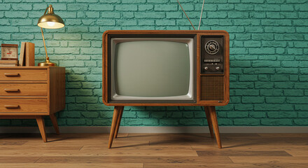 Retro Vintage Television Set in Mid Century Modern Room with Teal Brick Wall