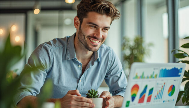 A portrait headshot photo of a friendly professional CEO executive business worker: A smiling young man with brown hair works on his laptop while tending to a small succulent plant in a bright, m