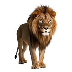 Obraz premium A majestic lion standing tall with a full mane against a stark black background in a portrait view