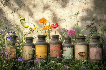 Obraz premium Vibrant wildflowers sprout from antique bottles against a textured wall, bathed in soft sunlight.