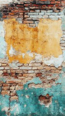 Obraz premium Weathered brick wall with aged plaster and peeling paint creating a textured urban background for design and photography projects