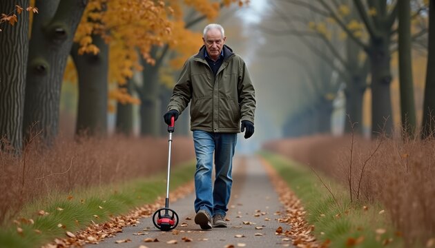 Elderly man measuring distance while walking in autumn park   - Powered by Adobe