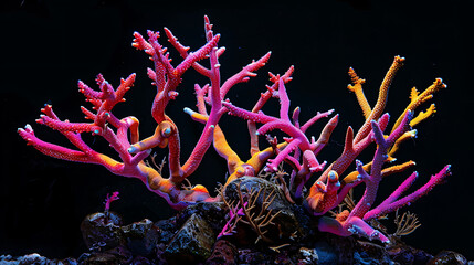 A close-up of vibrant pink and yellow coral in a dark underwater setting.