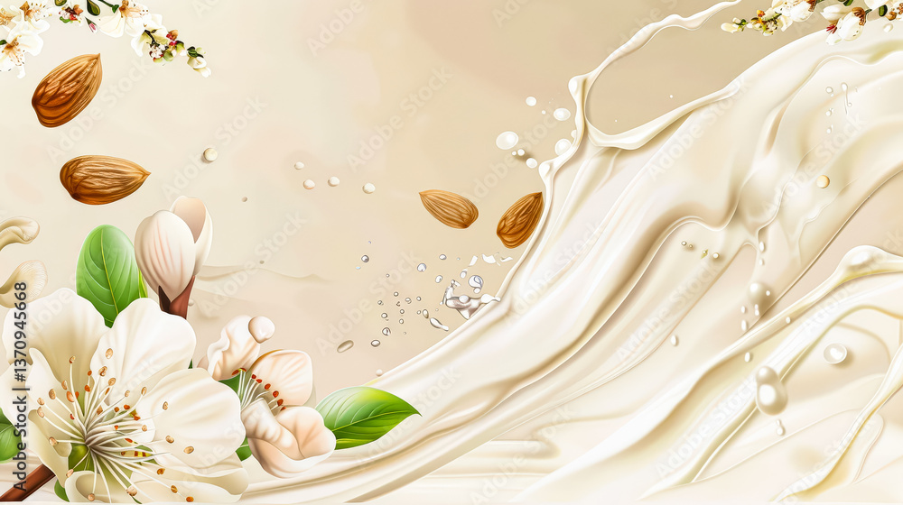 Poster white background with a pink flower and some almonds scattered around it. the almonds are in various