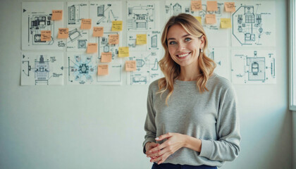 A portrait headshot photo of a friendly professional CEO executive business worker: A smiling woman stands confidently in front of a wall covered with architectural blueprints and sticky notes, s