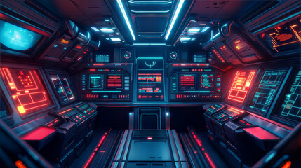 Obraz premium Futuristic Spaceship Bridge Control Room with Neon Red and Blue Lighting Displays and Advanced Technology Interfaces