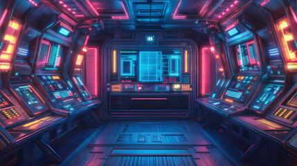 Futuristic spaceship bridge control room with vibrant neon lights and advanced technology consoles