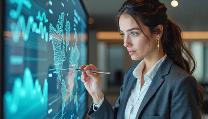 A portrait headshot photo of a friendly professional CEO executive business worker: A focused businesswoman analyzes global financial data on a large interactive screen, using a stylus to highlig