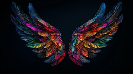 An image of colorful wing. Black background with angel wings. A generative bright color for a computer. A picture of lifestyle a vibrant wing.