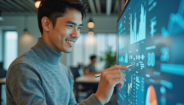 A portrait headshot photo of a friendly professional CEO executive business worker: A young Asian man smiles as he analyzes data displayed on a large interactive screen with a digital pen.