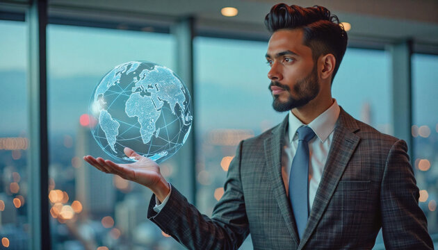 A portrait headshot photo of a friendly professional CEO executive business worker: A confident businessman gazes thoughtfully at a glowing holographic globe suspended in his open palm, symbolizi