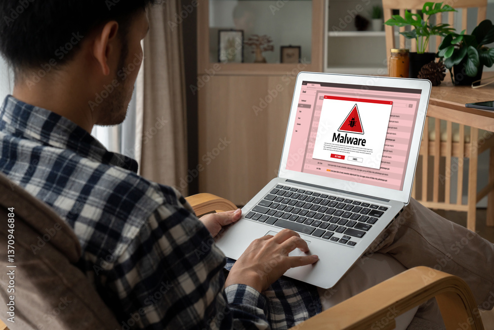 Poster cyber attacking concept. malware alert showing on computer screen display scam and threat detection 