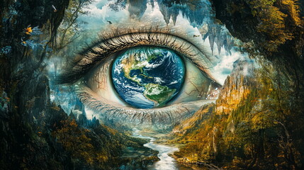 a giant human eye reflecting the Earth inside 