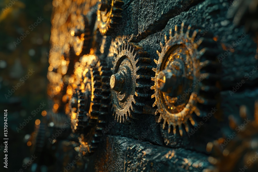 Poster rusty gears embedded in a rough, stone-like surface are highlighted by a warm, golden light, showcas