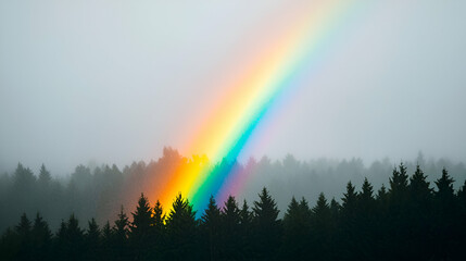 Foggy forest landscape with vibrant rainbow shining through the trees