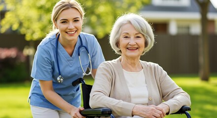 Happy Senior Woman in Wheelchair with Smiling Female Caregiver Outdoors in a Sunny Garden