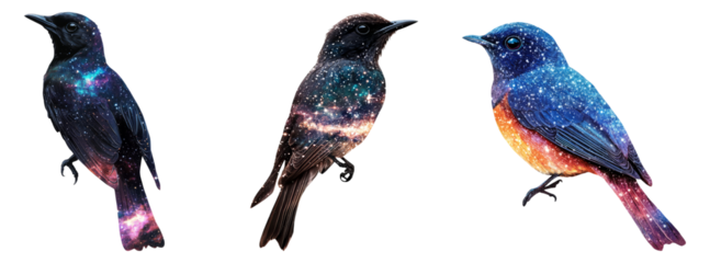 Colorful Birds with Galaxy Effects in Artistic Fantasy Illustration, PNG bundle collection, Isolated on Transparent Background