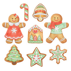Vector element designer collection christmas set of isolated gingerbread cookies, mistletoe are hand-painted in watercolor style.