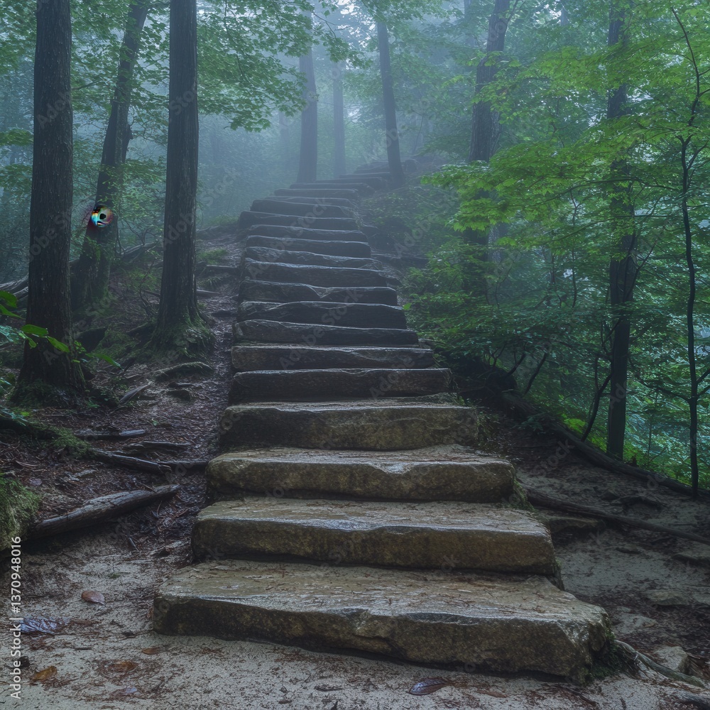 Poster stone steps ascending through a misty forest landscape with lush greenery and atmospheric fog creati