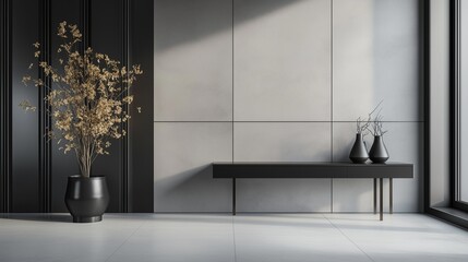 3d render of grey wall with black plant. A wall of grey black panels on the side. Minimalistic composition of a table in the interior design. Three-dimensional depiction of a gray lifestyle wall.