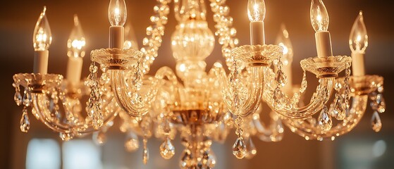 Close up photograph depicting a decorative crystal chandelier with lights