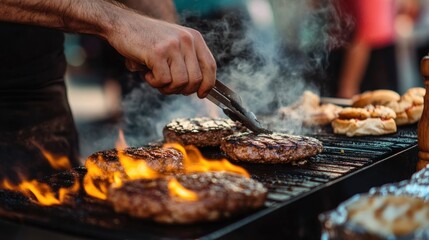 Grilling delicious burgers on an open flame for a summer cookout celebration