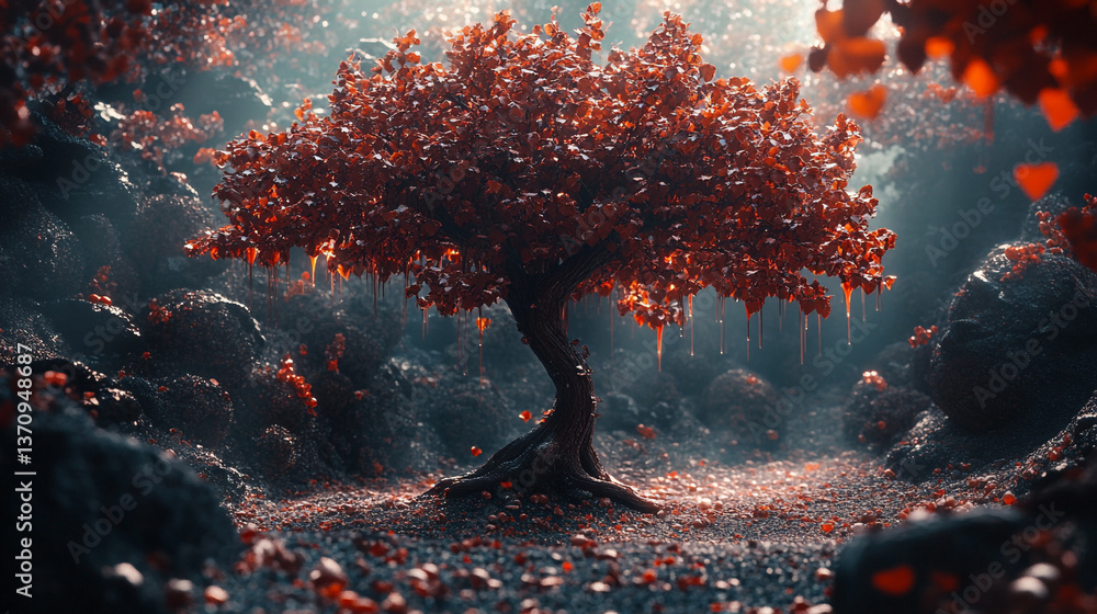 Poster a single tree with red leaves standing in a dark forest with a light shining on the ground