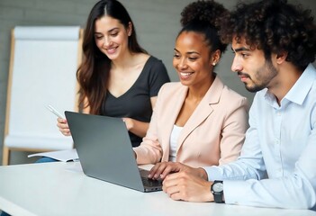 Collaboration in Action: Three professionals engrossed in a collaborative work session, focused on a laptop, their expressions radiating concentration, teamwork, and collective progress.
