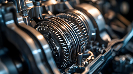 Fototapeta premium Close-up view of a complex mechanical gear system with metallic components