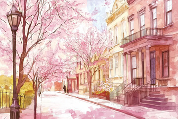 Obraz premium Blossoming cherry trees lining a picturesque street in spring 