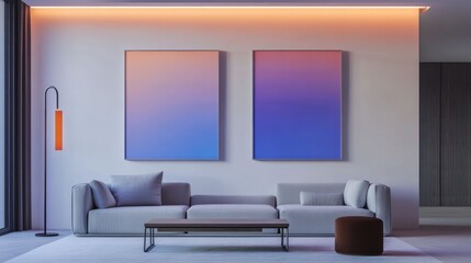 Modern living room, gradient art, city view, evening ambience, interior design