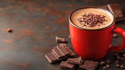Red mug filled with hot chocolate topped with chocolate shavings on a rustic surface and dark chocolate pieces for a cozy winter mood
