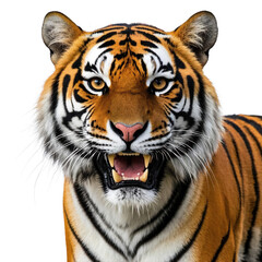 Fototapeta premium Close up portrait of a tiger with an open mouth showing its teeth on a black background image