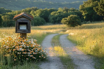 A quaint mailbox at the end of a dirt road, with wildflowers growing around it and a letter inside