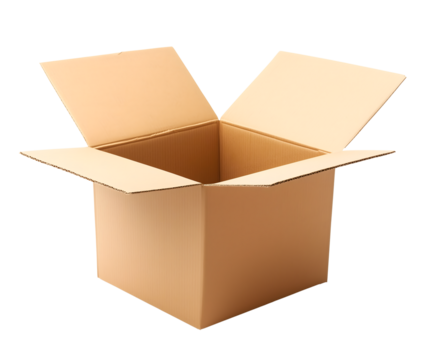Un carton ouvert de côté, pour une livraison de colis sur un fond transparent.