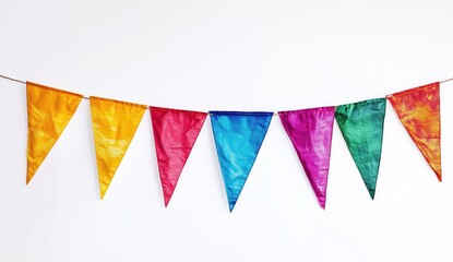 Colorful Celebration: A vibrant banner of triangular flags dances across a pristine space, each a unique splash of color, symbolizing joy, festivity, and the excitement of a special occasion.