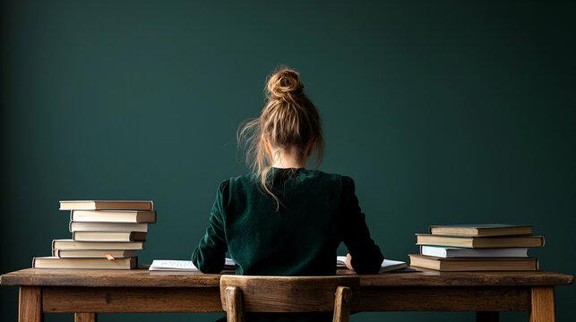 Focused female student studying with books at wooden desk against green wall